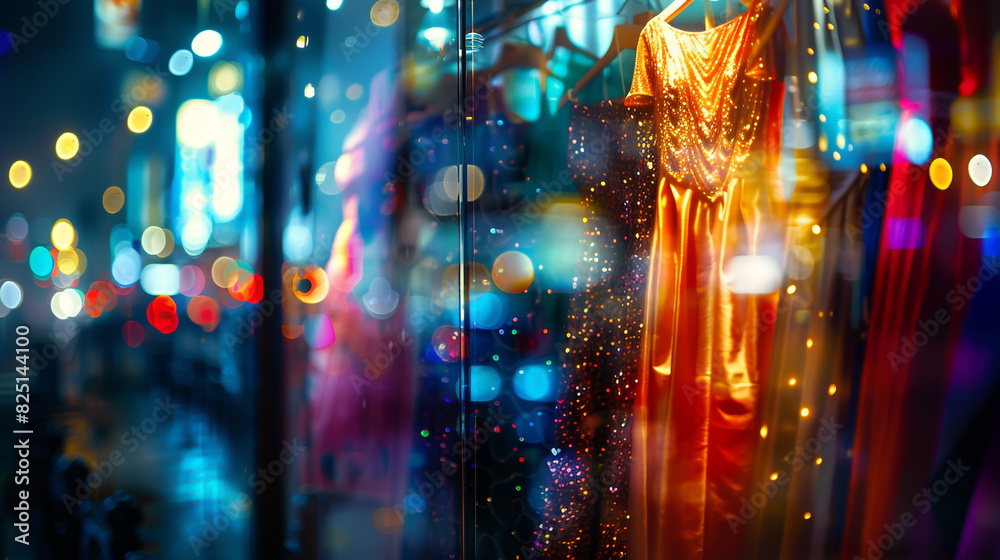 Vibrant dresses displayed in a fashion boutique's window.