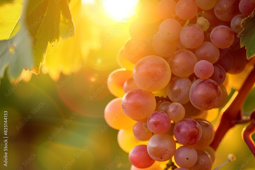 Close-up of sun-kissed grapes on the vine with a warm golden hour glow