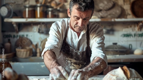 A French Artisan Baker in His 40s Making Rustic Bread in a Traditional Bakery Setting