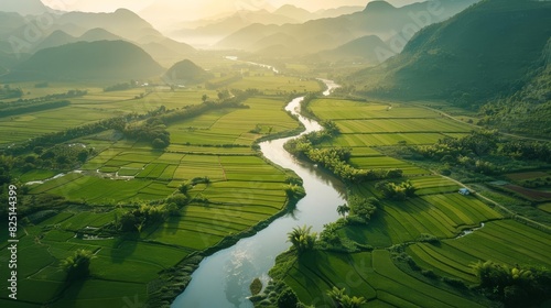 aerial landscape of phong nam valley with winding river rice fields and mountains extreme scenery in vietnam photo