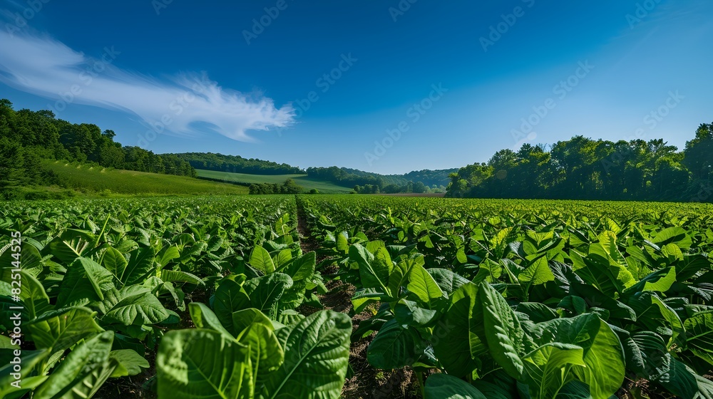 Lush Green Agricultural Field with Scenic Countryside Landscape under Bright Blue Sky with Fluffy Clouds