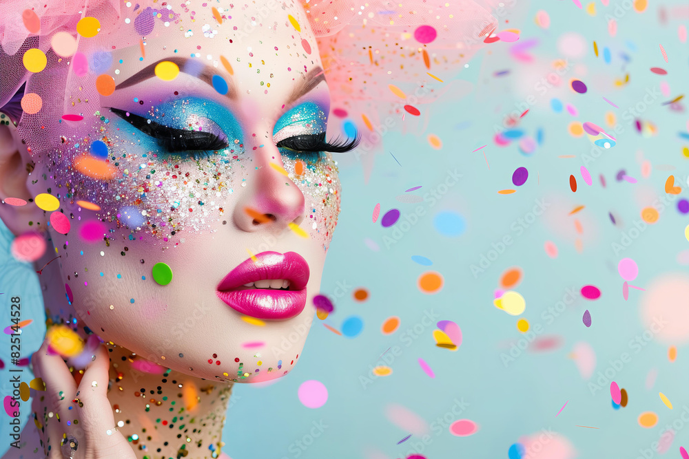 drag queen portrait isolated on pastel background with glitter and confetti , copy space banner, LGBTQ+ celebration, pride month promotion, drag show advertisement drag queen portrait isolated on pastel background with glitter and confetti , copy space banner, LGBTQ+ celebration, pride month promotion, drag show advertisement