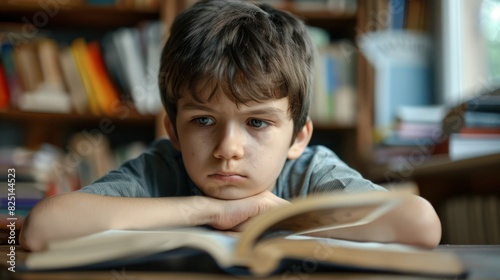 Concentrated child doing his homework at home. The boy struggles to read a book. Education, school, learning disability, reading difficulties, dyslexia concept. 