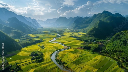 aerial landscape of phong nam valley with winding river rice fields and mountains extreme scenery in vietnam photo