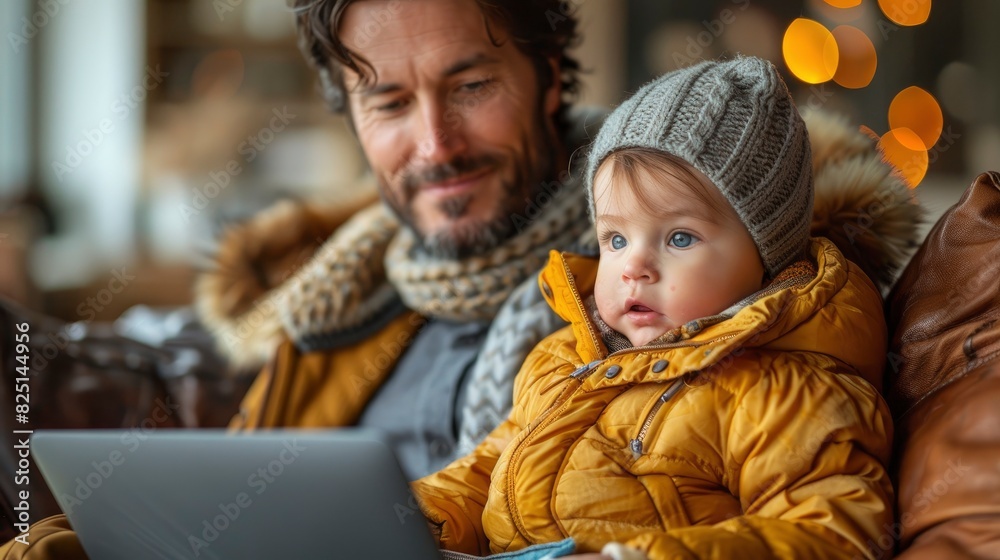 Obraz premium Person working from home with baby in lap and typing on laptop