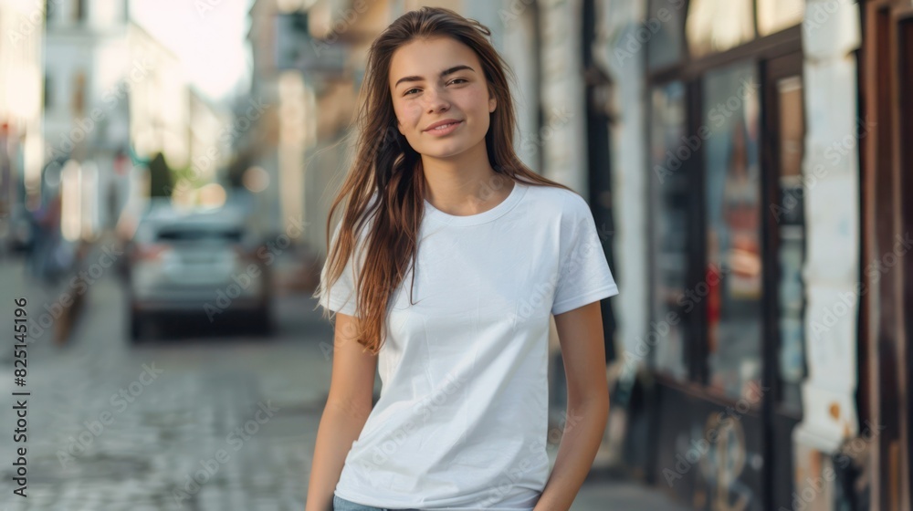 Fototapeta premium portrait of a mockup.Young girl in blank white tshirt in city street. Mock up template for t-shirt design print. 