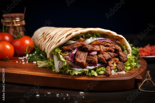 Refined doner kebab on a wooden board against a denim fabric background