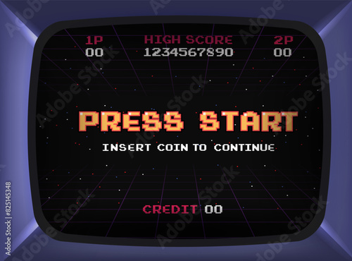 PRESS START INSERT A COIN TO CONTINUE .pixel art .8 bit game.retro game. for game assets in vector illustrations.Retro Futurism Sci-Fi Background. glowing neon grid.and stars from vintage arcade comp