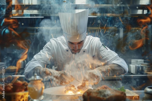 A chef is cooking in a kitchen. He is surrounded by flames and sparks. He is wearing a white chef's coat and hat. He is focused on his work. © WIRATCH