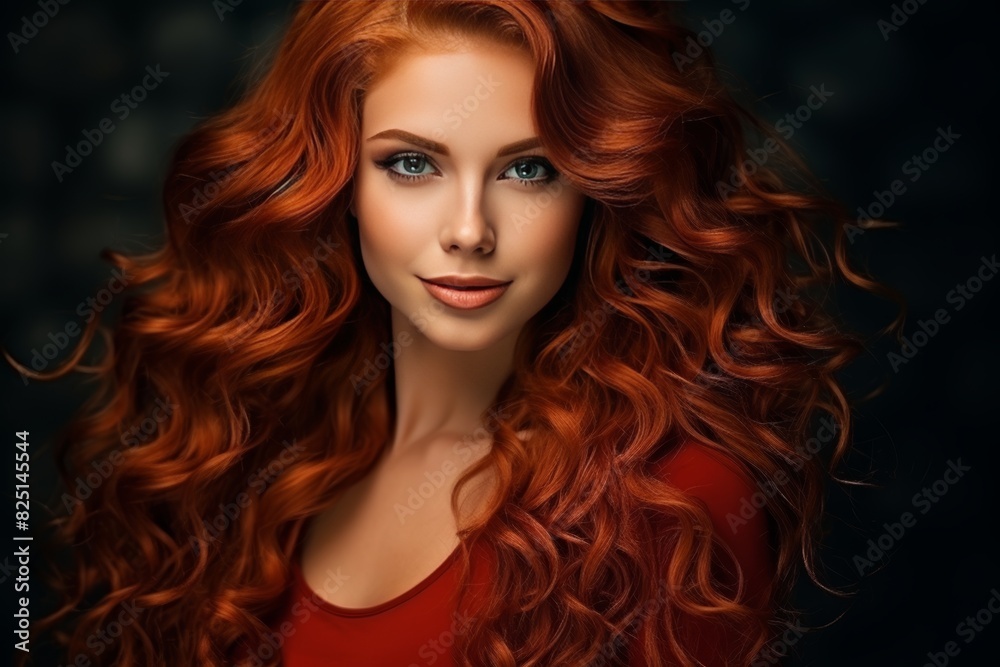 Fototapeta premium Glamorous close up smiling brunette model with long curly red hair in stunning makeup