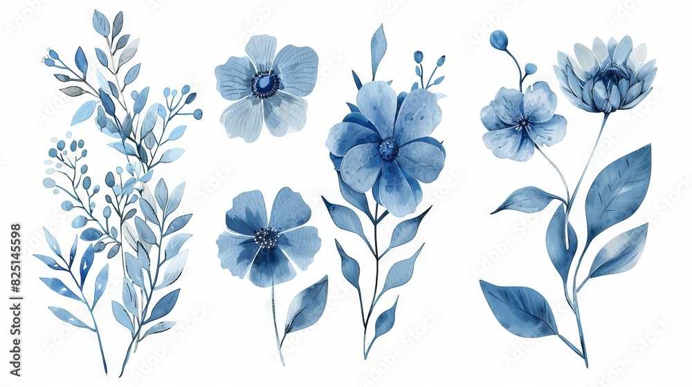 blue watercolor floral arrangements and bouquets with wildflowers leaves and branches botanical illustration set
