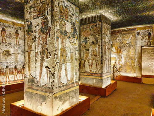 Fotografia Painted reliefs of Seti I with Ptah,Horus and other divine beings on the pillare