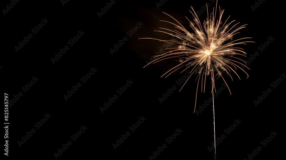 A firework is lit up in the dark sky. The firework is in the center of the image and is surrounded by a few other fireworks. Scene is celebratory and festive A firework is lit up in the dark sky. The firework is in the center of the image and is surrounded by a few other fireworks. Scene is celebratory and festive