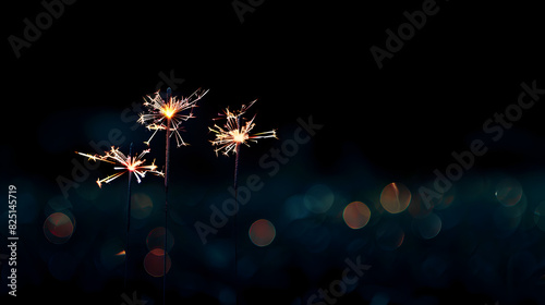 Three candles are lit in the dark. The candles are lit in a row and are surrounded by a blurry background