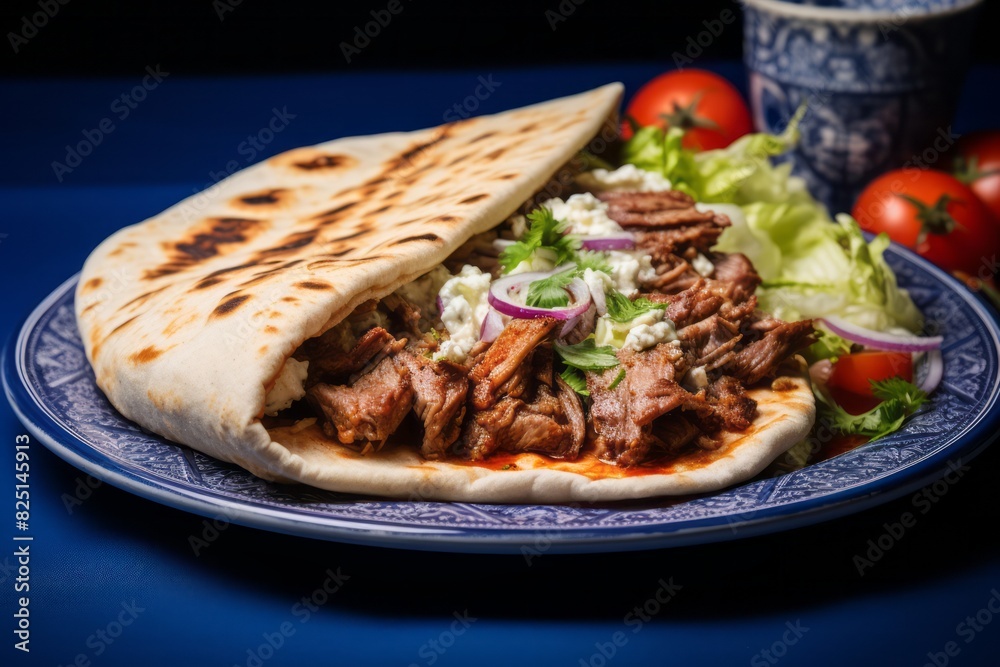 Delicious doner kebab on a porcelain platter against a denim fabric background Delicious doner kebab on a porcelain platter against a denim fabric background