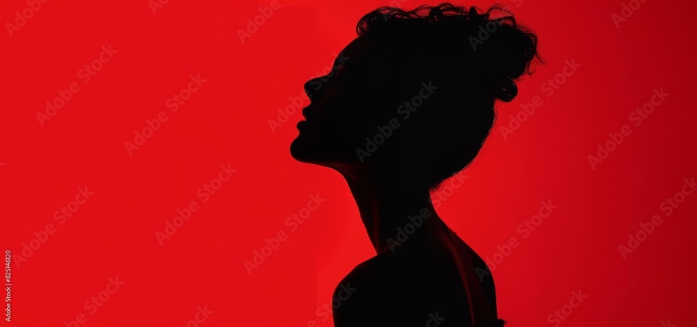 A dark silhouette of a woman's face and neck is shown in profile against a vivid red background. A dark silhouette of a woman's face and neck is shown in profile against a vivid red background.