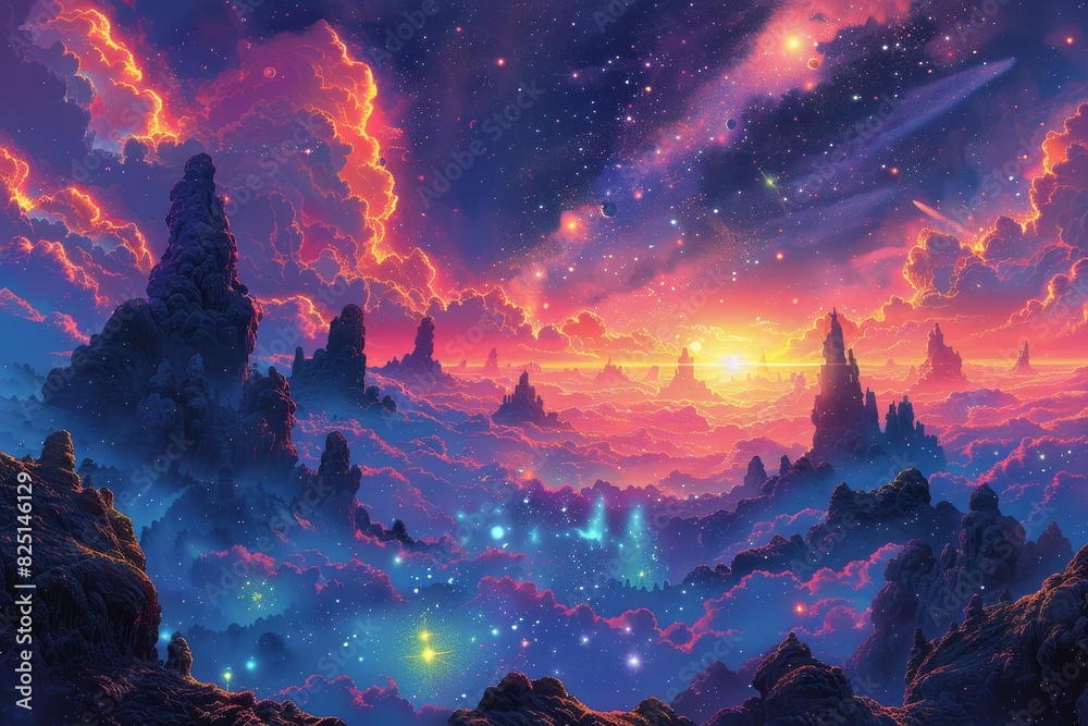 Surreal Illustration of Vibrant Otherworldly Landscape with Ethereal Beings and Floating Islands Under Cosmic Sky.