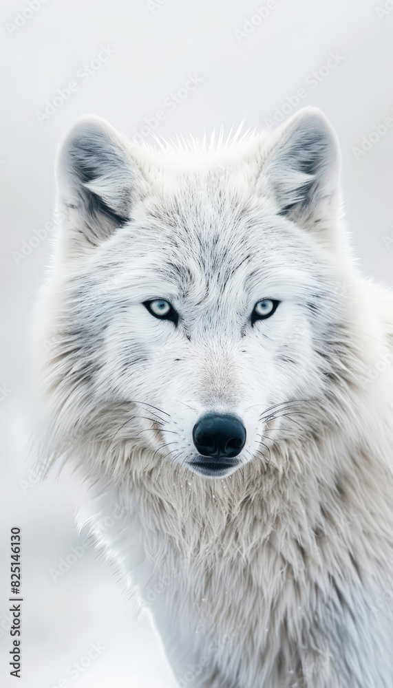wolf, its white fur and piercing blue eyes standing out against the snowy backdrop wolf, its white fur and piercing blue eyes standing out against the snowy backdrop