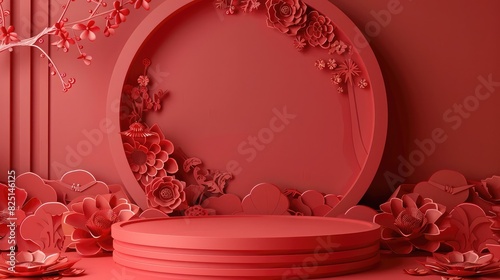 Podium round stage chinese style, for chinese new year and festivals or mid autumn festival with red paper cut art and craft on color backgroung with photo
