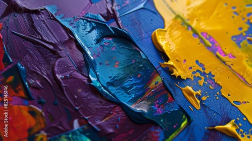 Colorful abstract painting. Thick oil paint texture. Shades of blue, purple, red, and yellow.