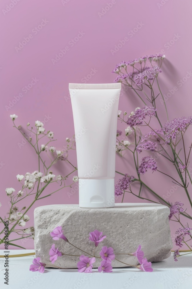 Elegant Skincare Tube on Pastel Pink Background with Floral Accents Elegant Skincare Tube on Pastel Pink Background with Floral Accents