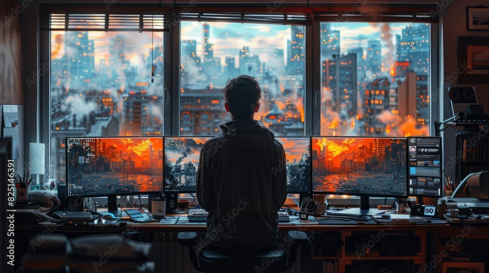 Man with dual monitors and home office clutter Man with dual monitors and home office clutter