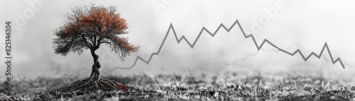 A withered tree with a downward trend graph in the background, symbolizing economic decline, highresolution, dramatic and detailed, professional stock photo quality.