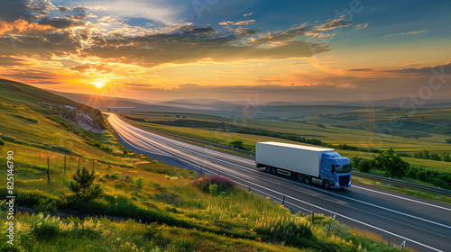 Truck semi-trailer driving highway on sunset Goods delivery Services Transport logistics Lorry concept countryside road truck picturesque sky clouds. cargo transportation services, transport company