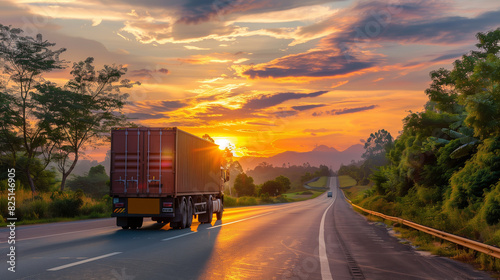 container Truck driving highway on sunset Goods delivery Services Transport logistics Lorry concept countryside road truck picturesque sky clouds. cargo transportation services, transport company