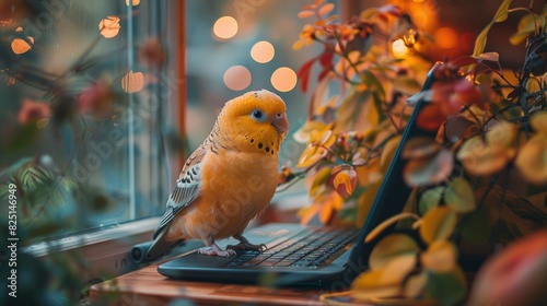 Casual work from home setup with person typing and pet bird on shoulder photo