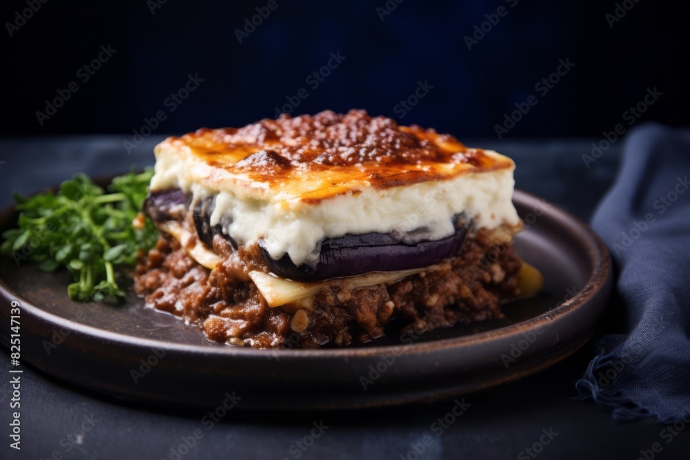 Delicious moussaka on a marble slab against a denim fabric background Delicious moussaka on a marble slab against a denim fabric background