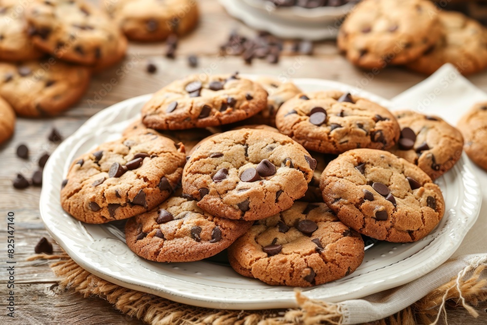 A Plate Full Of Baked Chocolate Chips Cookies On A Table, Closeup, Daylight, Bakery Dessert Advertising Concept A Plate Full Of Baked Chocolate Chips Cookies On A Table, Closeup, Daylight, Bakery Dessert Advertising Concept