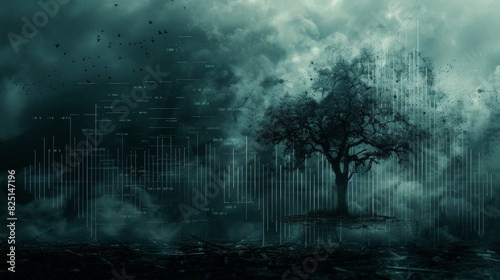 A withered tree with dark clouds and a downward financial graph in the background, representing financial hardship, highresolution, clear and bleak, sharp and professional image.