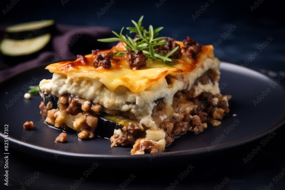 Delicious moussaka on a marble slab against a denim fabric background