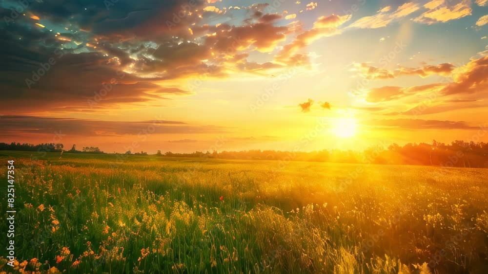 Vibrant sunrise over blooming meadow with clouds in sky Vibrant sunrise over blooming meadow with clouds in sky