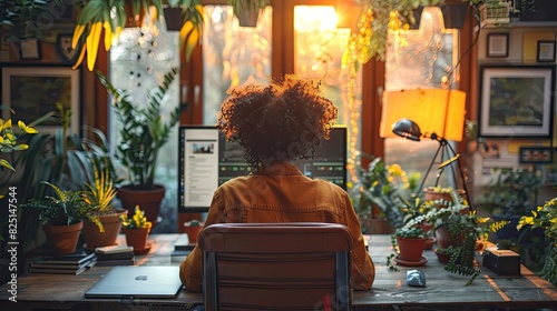 Home office with person typing on desktop computer and plants photo