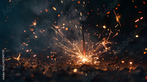 A firework is lit and the sparks are flying. The image has a mood of excitement and anticipation