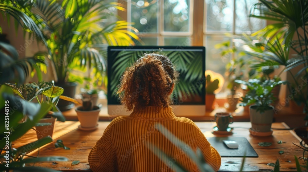 Home office with person typing on desktop computer and plants