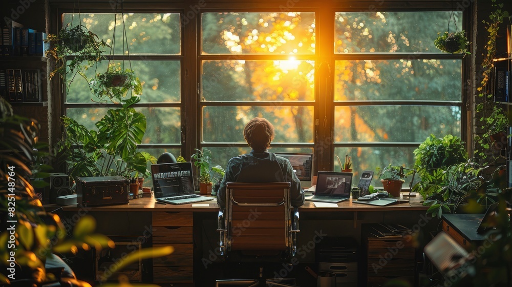 Man in home office with large window and green plants Man in home office with large window and green plants