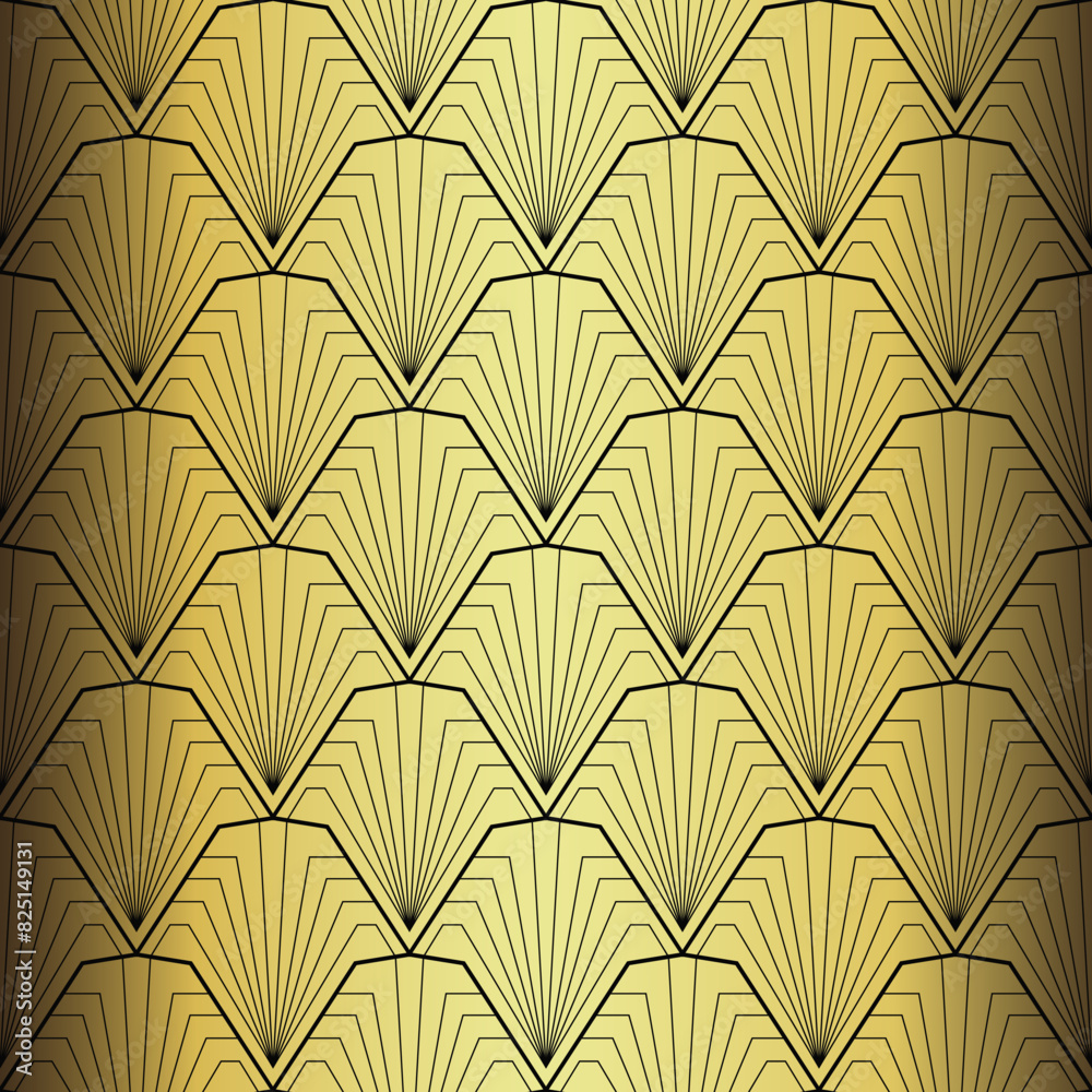 Art Deco Wallpaper. Black and gold seamless pattern in roaring twenties style. Line art deco background for interior design. Elegant art deco type