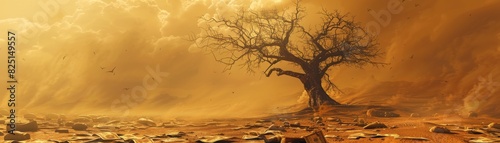 A dead tree in a sandstorm with old banknotes scattered around, representing economic ruin, sharp and vivid, highquality, clear and somber image.