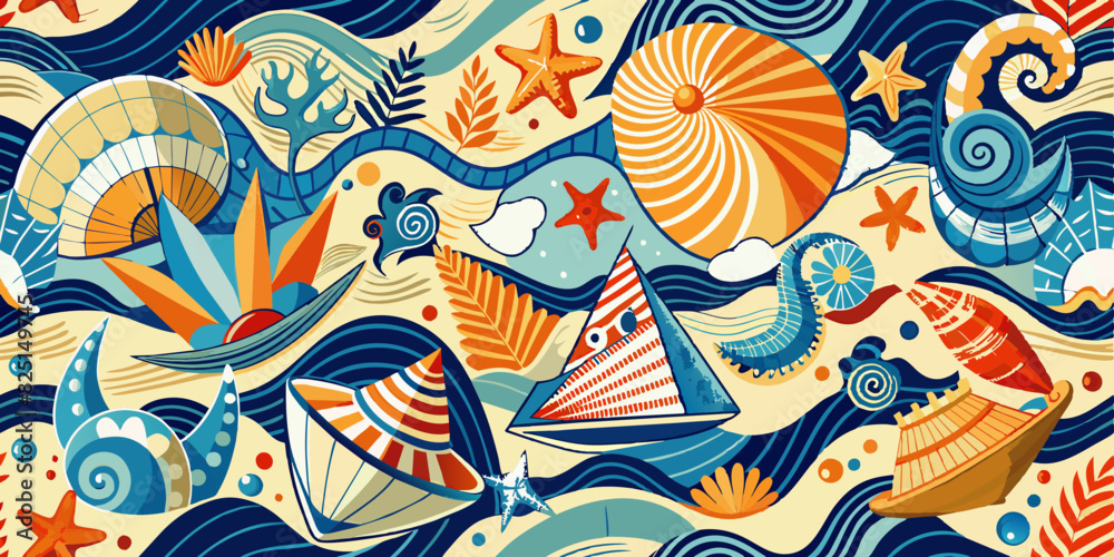 Naklejka premium Vibrant patterns and swirling designs create a lively nautical theme, with a variety of seashells, starfish and stylised waves. Colourful sailboats create a sense of adventure and navigation.AI genera