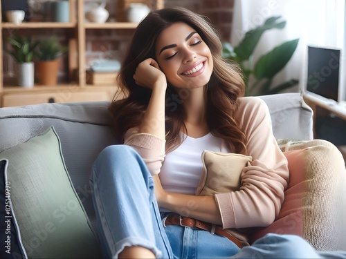 Happy Tranquil Millennial Woman Relaxing On Comfortable Couch, realistic, very detailed