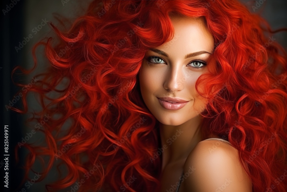 Glamorous close up smiling brunette model with long curly red hair and stylish makeup Glamorous close up smiling brunette model with long curly red hair and stylish makeup
