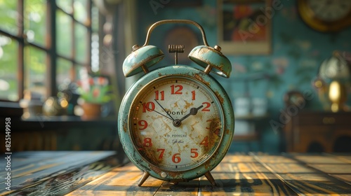 Vintage alarm clock on a wooden table in a cozy, rustic room with sunlight streaming through a window.