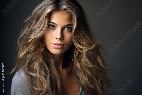 Blonde woman with flawless makeup and long hair in studio portrait showcasing captivating smile