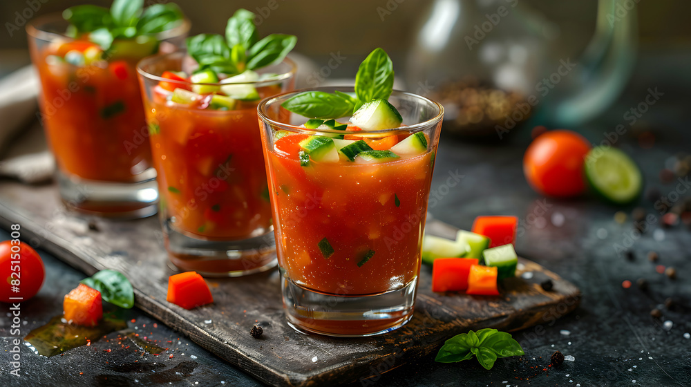 Luxurious Spanish Gazpacho Shooter Vibrant Refreshing Appetizer in Glossy Glasses Luxurious Spanish Gazpacho Shooter Vibrant Refreshing Appetizer in Glossy Glasses