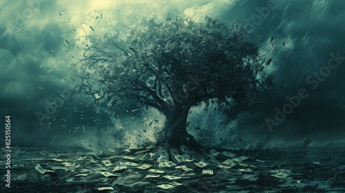 A withered tree with dark, ominous shadows and torn banknotes around, symbolizing financial ruin, highresolution, detailed and dramatic, professional stock photo quality.