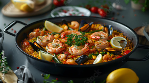 Luxurious Spanish Paella Pan Filled with Saffron Rice, Seafood, and Vegetables Photo Realistic Image Representing a Vibrant and Rich Spanish Feast