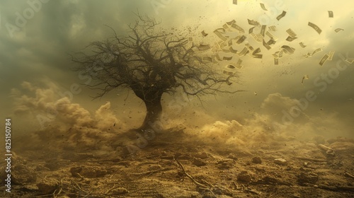 A withered tree surrounded by a sandstorm with old banknotes scattered, symbolizing financial hardship, highresolution, detailed and bleak, sharp and professional stock photo.